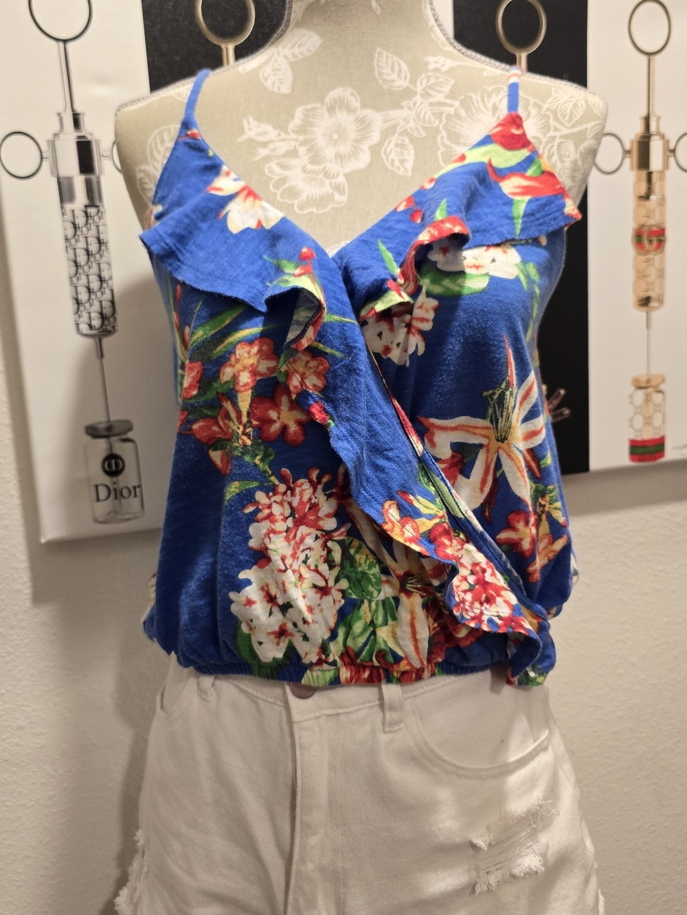 Express Blue Floral Ruffle Camisole